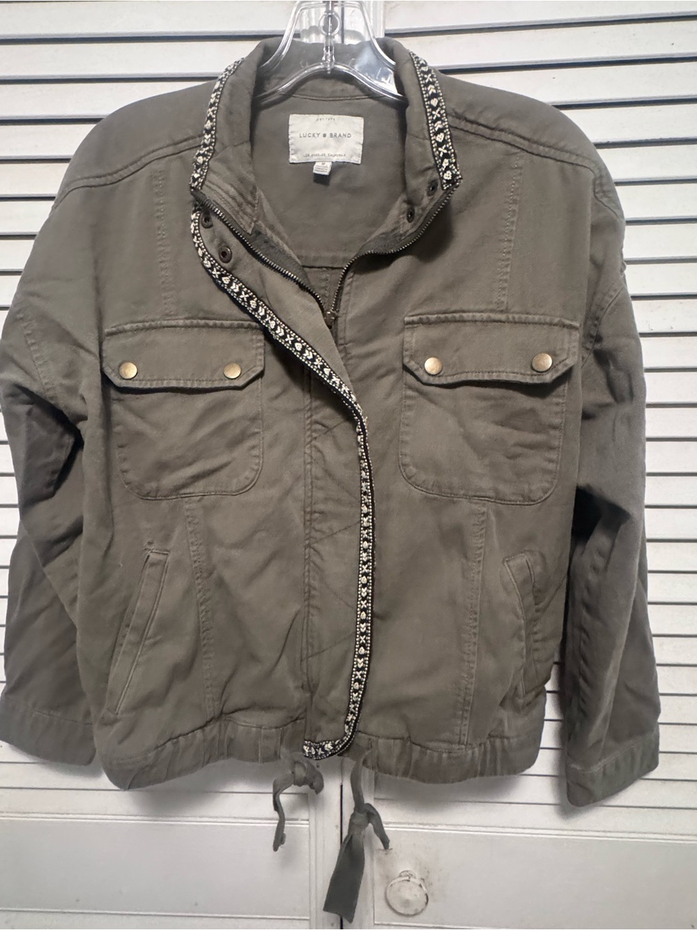 Lucky Brand Olive Green Embroidered Trim Utility Jacket Size Medium